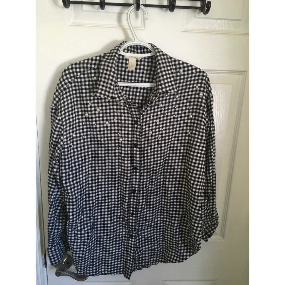 H&M Black and White Gingham Pearl Embellished Button Down